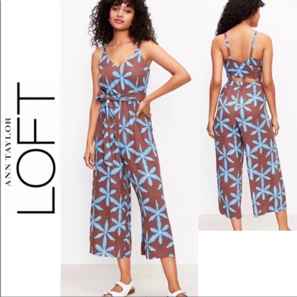 NWT Ann Taylor LOFT Jumpsuit Romper wide leg Open Tie Back Brown Teal Blue M